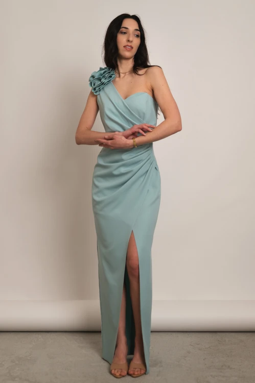 Liwadia - asymetryczna sukienka maxi z kwiatem miętowa - 3.jpg