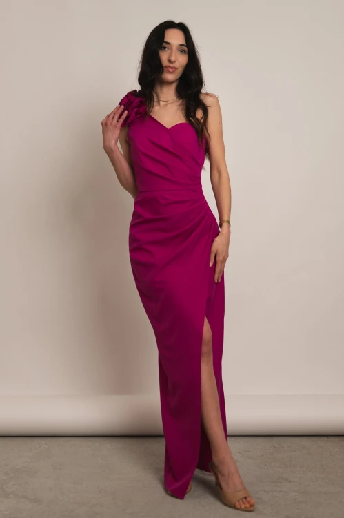 Liwadia - asymetryczna sukienka maxi z kwiatem ciemny róż - 1.jpg