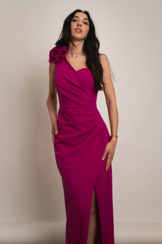 Liwadia - asymetryczna sukienka maxi z kwiatem ciemny róż - 2.jpg