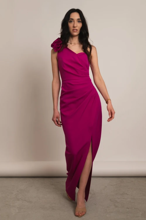 Liwadia - asymetryczna sukienka maxi z kwiatem ciemny róż - 5.jpg