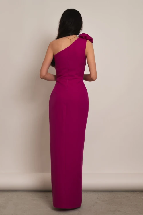 Liwadia - asymetryczna sukienka maxi z kwiatem ciemny róż - 6.jpg