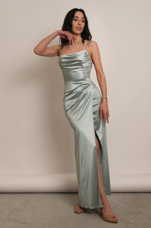 Nausa - satynowa sukienka maxi rybka z wiązaniem na plecach szałwiowa - 1.jpg