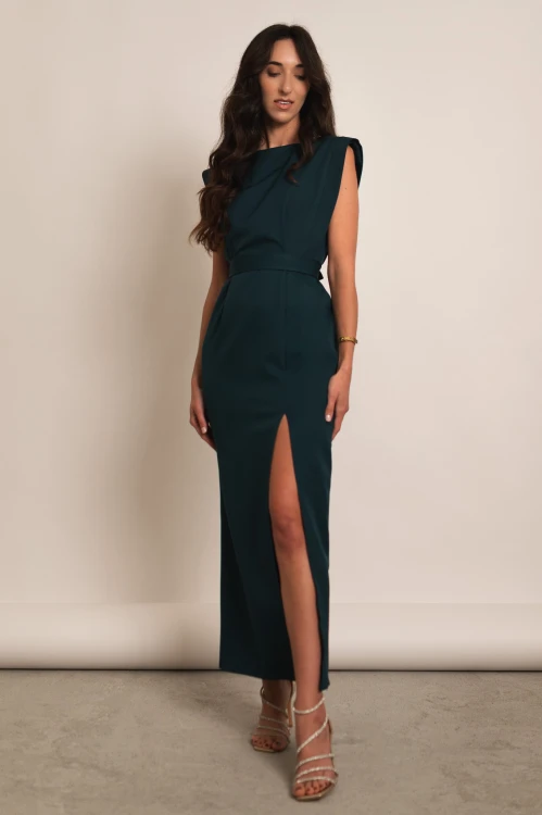 Achaja - elegancka sukienka maxi z zabudowanym dekoltem i rozcięciem butelkowa zieleń - 4.jpg