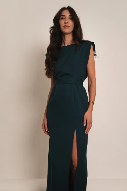Achaja - elegancka sukienka maxi z zabudowanym dekoltem i rozcięciem butelkowa zieleń - 5.jpg