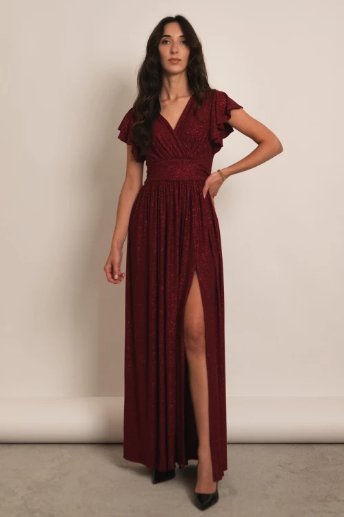 Kifisia - brokatowa sukienka maxi z rozcięciem i motylkowym rękawem bordowa - 2.jpg